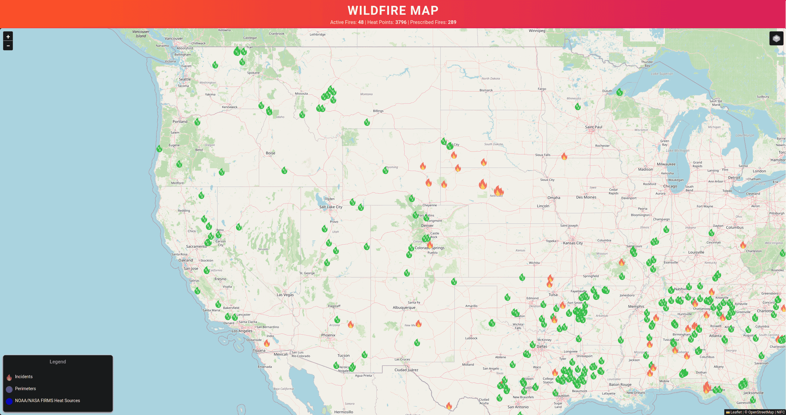 Image of wildfire-map.com, displaying a map of current wildfires